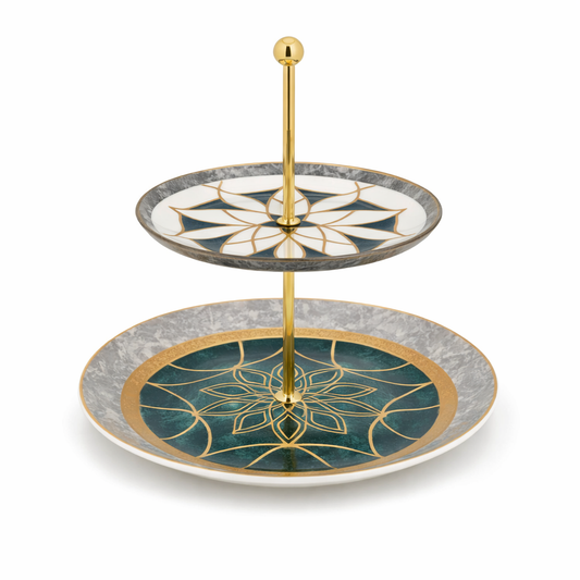 Elegant 2-Tier Green & Gold Serving Stand – Decorative Dessert and Snack Display - Habitt
