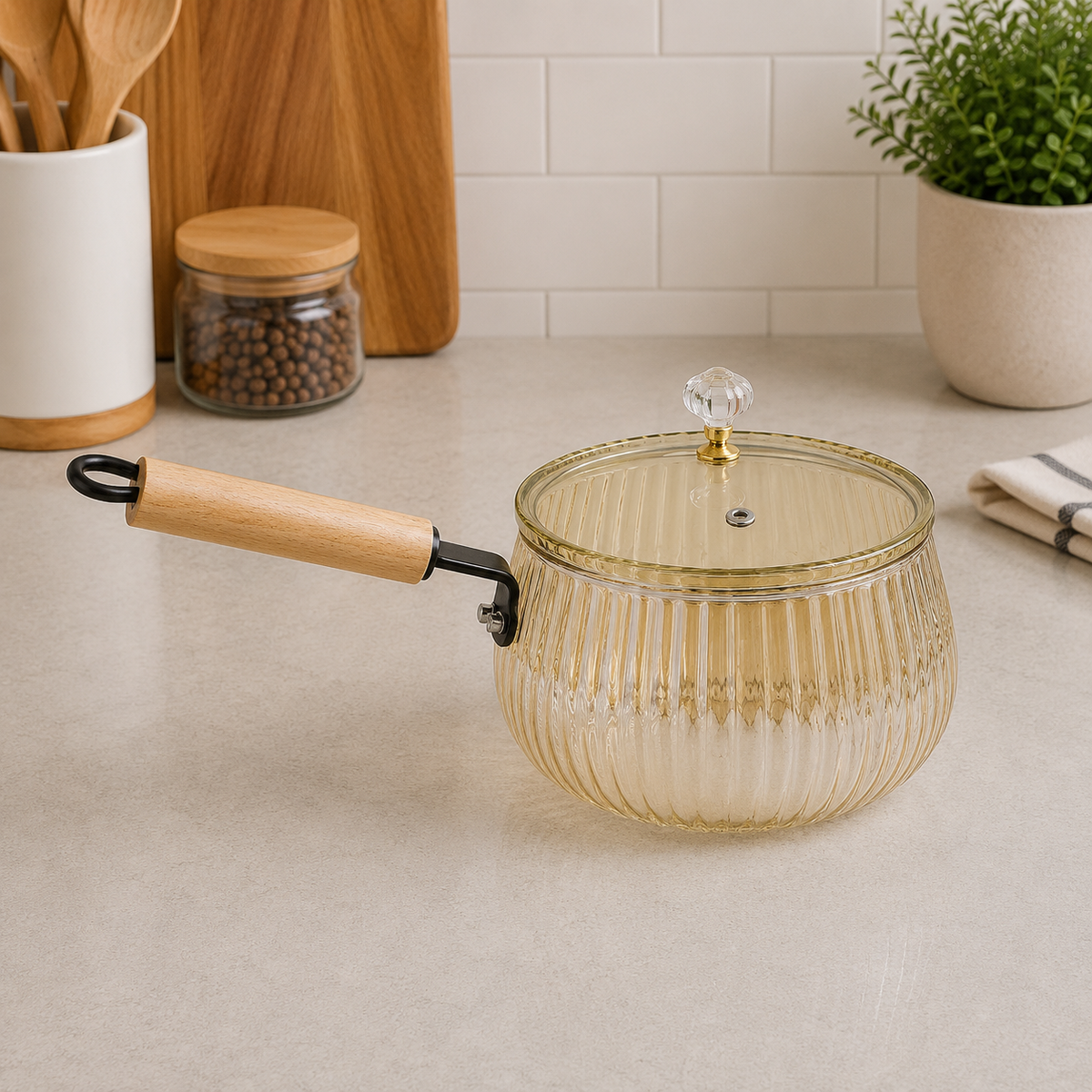2500ML Glass Saucepan with Wooden Handle & Lid | Saucepan