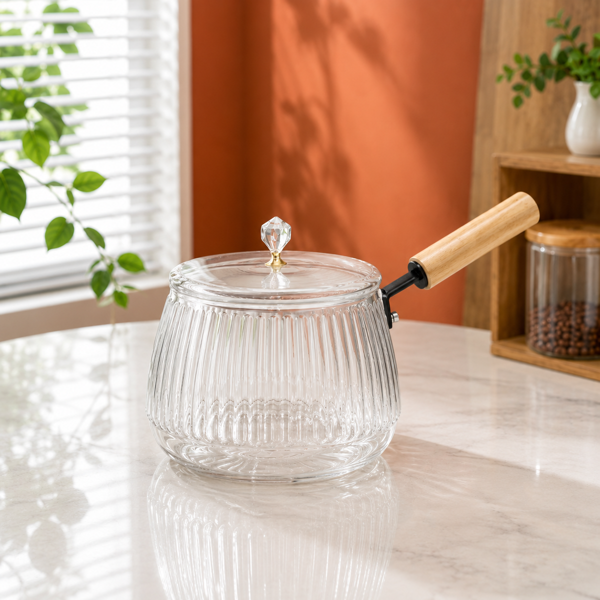 2500ML Glass Saucepan with Wooden Handle | Glass Saucepan