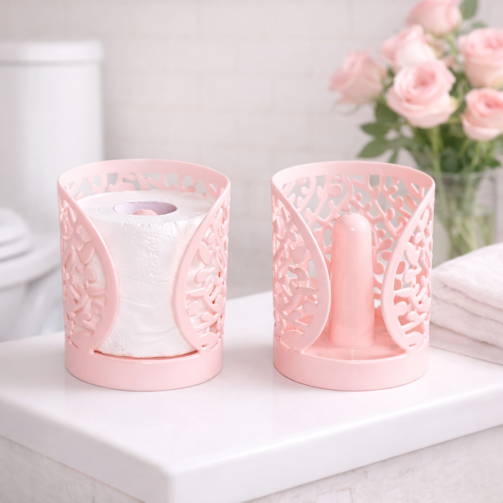 Floral Tissue Holder – Decorative Bathroom & Kitchen Tissue Roll Stand (Pink / Dark Pink, BPA-Free) - Habitt