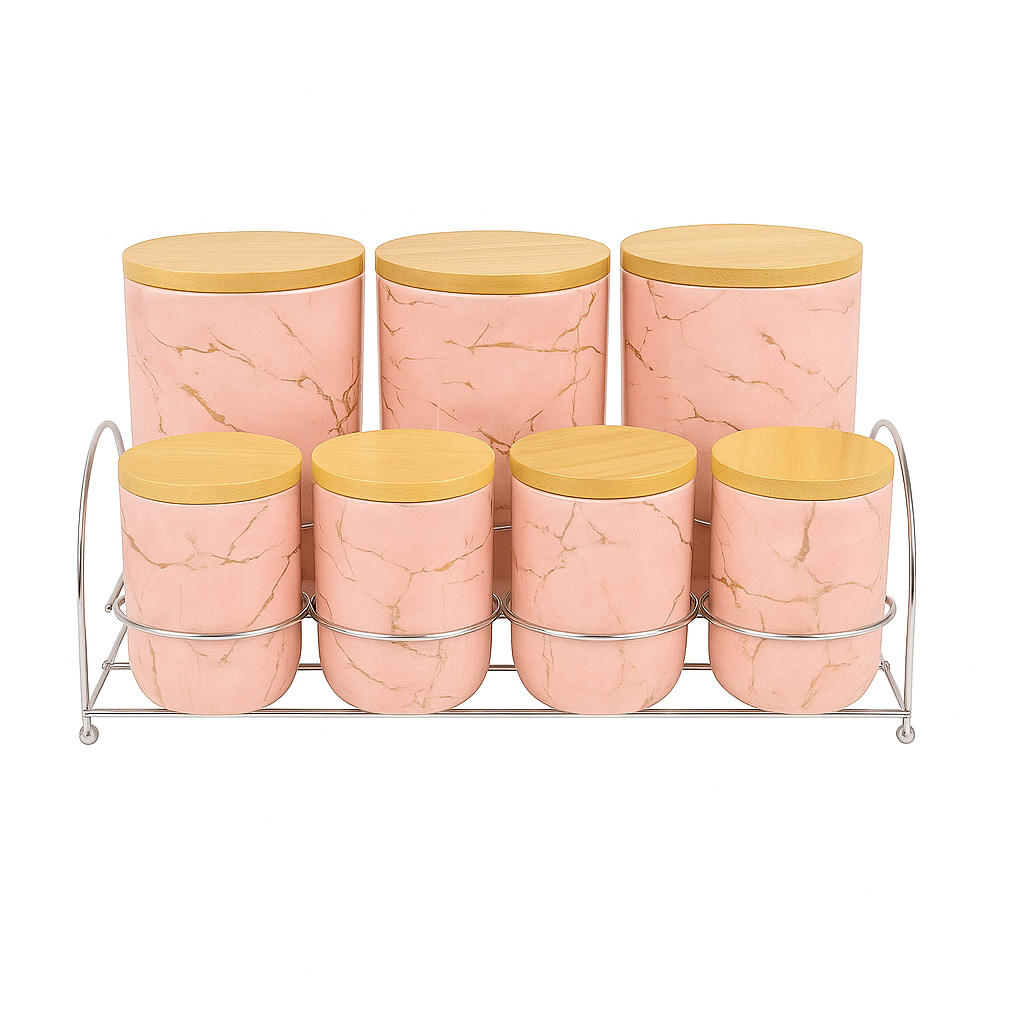 7 Pcs Canister Set with Wooden Lid 2673-P – Pink Marble Kitchen Storage Jars - Habitt