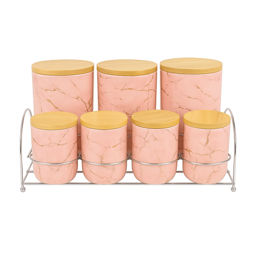 7 Pcs Canister Set with Wooden Lid 2673-P – Pink Marble Kitchen Storage Jars - Habitt