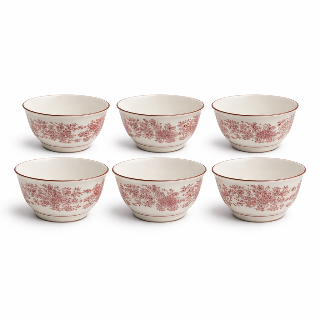 6-Piece Ceramic Bowl Set – Red Floral Classic Design - Habitt
