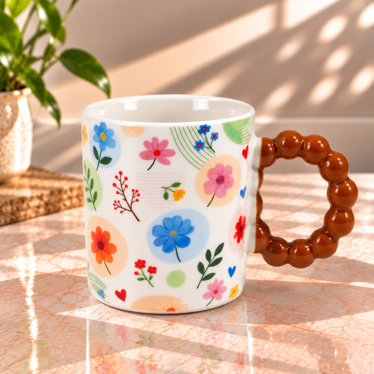 Colourful Floral Ceramic Coffee Mug with Beaded Handle – Cute Tea & Coffee Cup