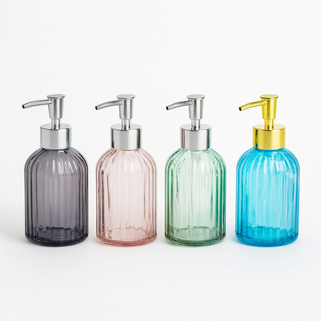 1Pc Glass Liquid Soap Dispenser Bottle – Textured Pump Design (Blue, Green, Pink, Black) - Habitt