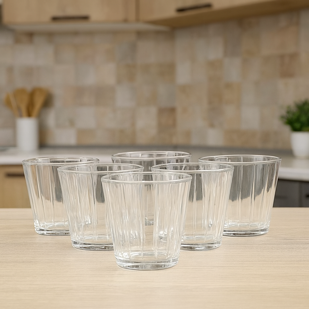 Ribbed Clear Tumbler Glass Set 255 ml – Premium Everyday Drinkware (6 Pcs) - Habitt