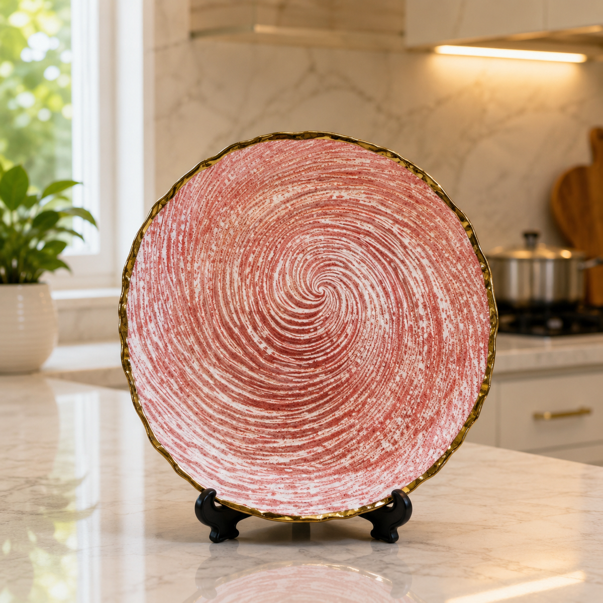 Round Decorative Glass Serving Platter – Pink Swirl Design