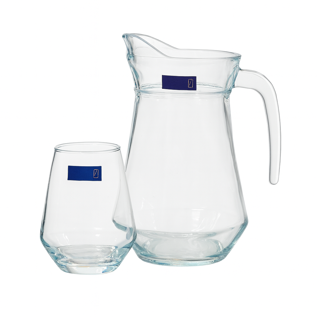 Modern Clear Glass Water Set – 7-Piece Set (1.4 L Jug + 340 mL Glasses) - Habitt