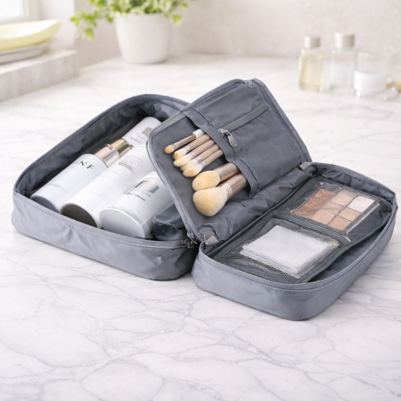 Travelling Cosmetic Pouch – Foldable Makeup Organizer with Zipper Compartments - Habitt