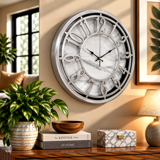 Majestic 15-Inch Heritage Wall Clock – Modern Silver Skeleton Wall Clock with Marble Effect Dial for Living Room, Office & Contemporary Home Décor