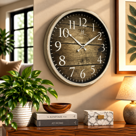 Heritage Scottish Rustic Wall Clock 20" – Vintage Wood Effect Dial with Classic Numerals (Plastic Frame)