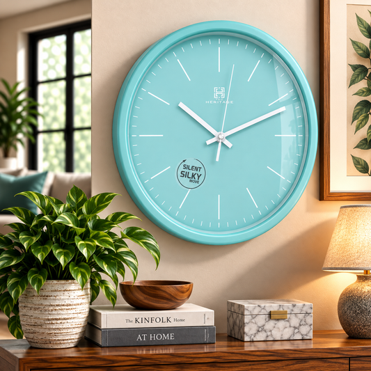 Heritage Pastel Blue Minimalist Wall Clock with Silent Sweep Movement – Modern Plastic Frame Clock for Home & Office Décor