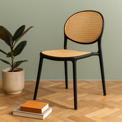 Cane Charm Armless Chair – Plastic Frame with Woven Cane‑Style Seat & Back (Black) - Habitt