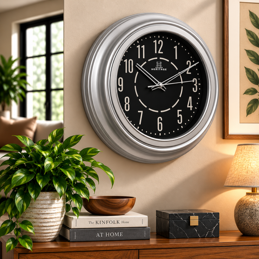 Heritage Vintage Wall Clock 15" – Classic Silver Frame Plastic Wall Clock