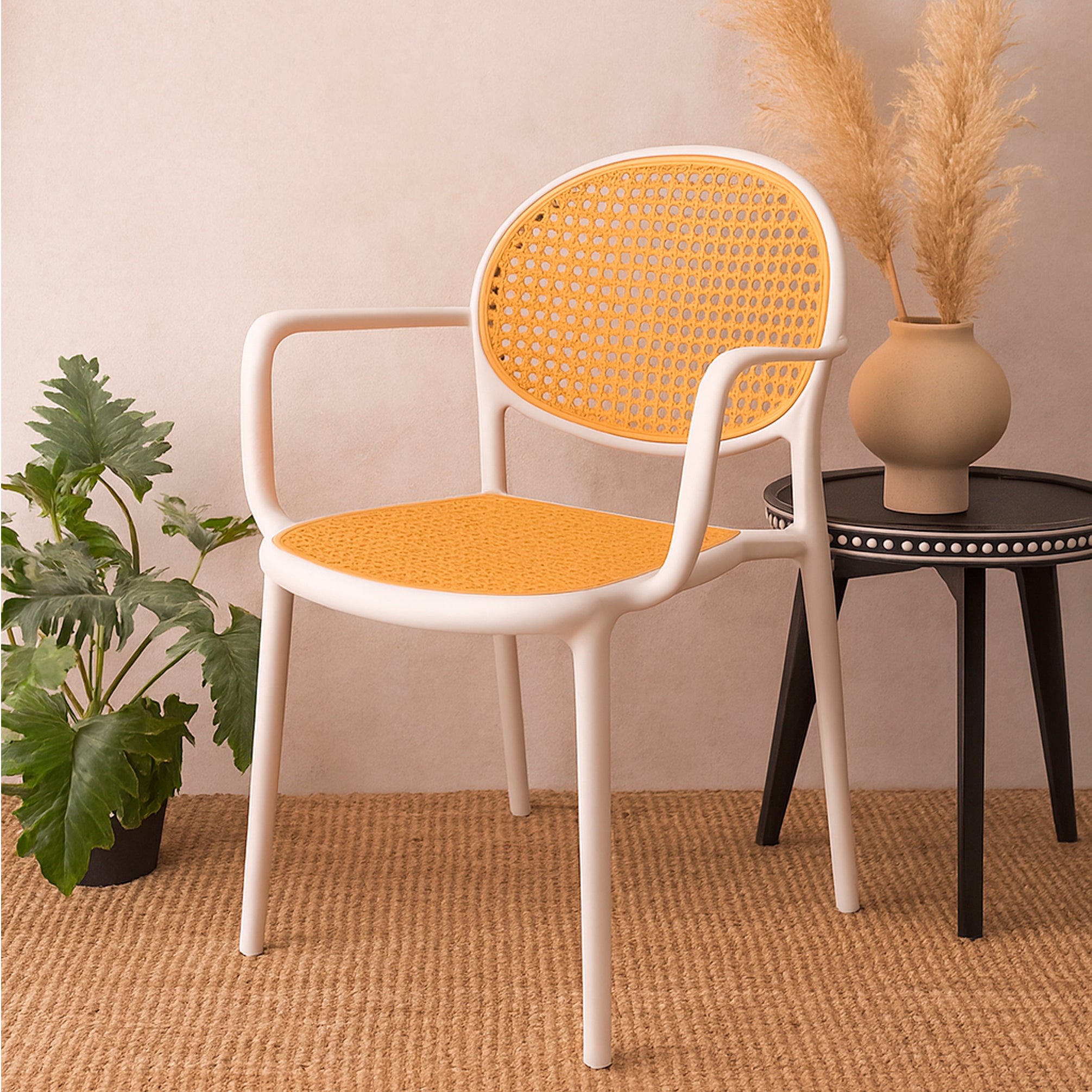Cane Charm Armchair – Plastic Frame with Woven Cane‑Style Seat & Back (Black, White, Green) - Habitt