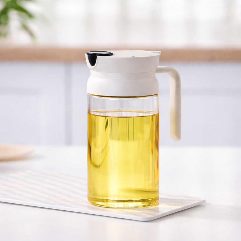 Glass Oil Bottle – Clear Kitchen Oil Dispenser with Handle &Lid - Habitt