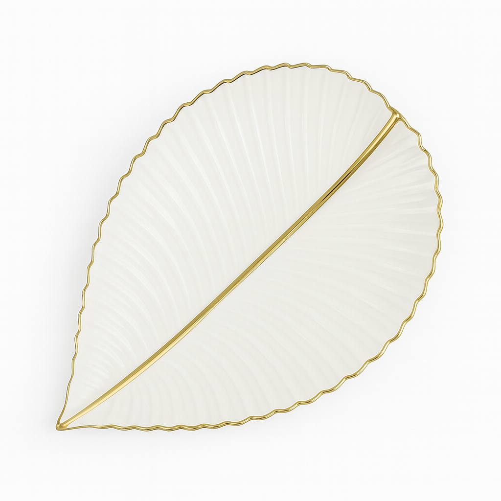 Super Dine Flat Leaf – White Ceramic Leaf-Shaped Platter with Gold Rim - Habitt