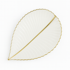 Super Dine Flat Leaf – White Ceramic Leaf-Shaped Platter with Gold Rim - Habitt