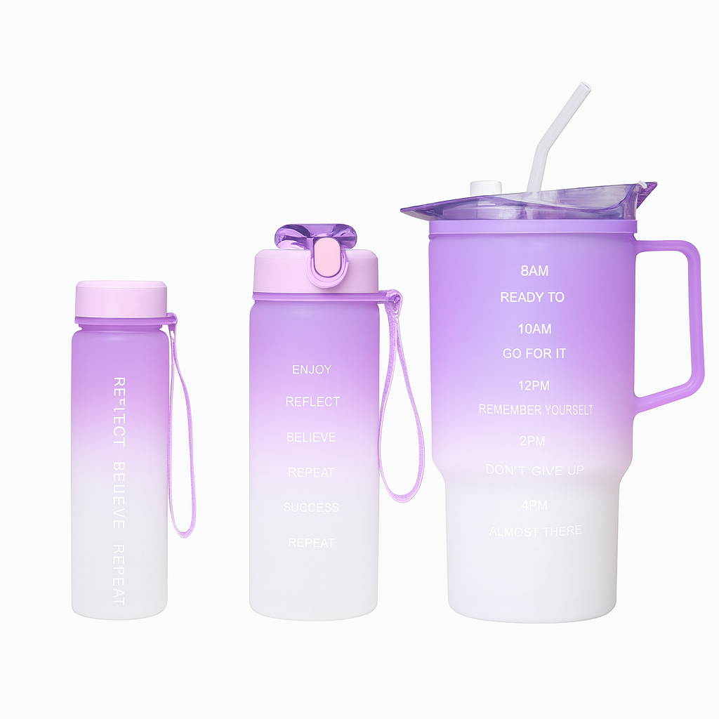3-Piece Gradient Plastic Water Bottle Set – Leak-Proof Hydration Bottles in Purple, Pink, Blue & Green - Habitt