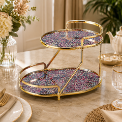Luxury 2-Tier Decorative Serving Tray with Gold Metal Frame | Premium Dessert & Organizer Stand