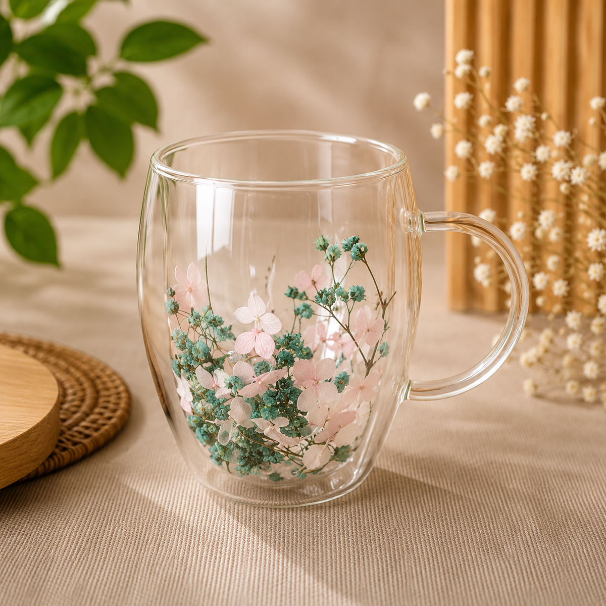 Botanical Floral Double Wall Glass Mug – Elegant Transparent Coffee & Tea Cup - Habitt