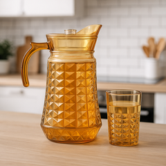 Golden-Tinted 7-Piece Water Set – 1.7 L Jug with 278 ml Glasses (Premium Diamond-Pattern Glassware) - Habitt