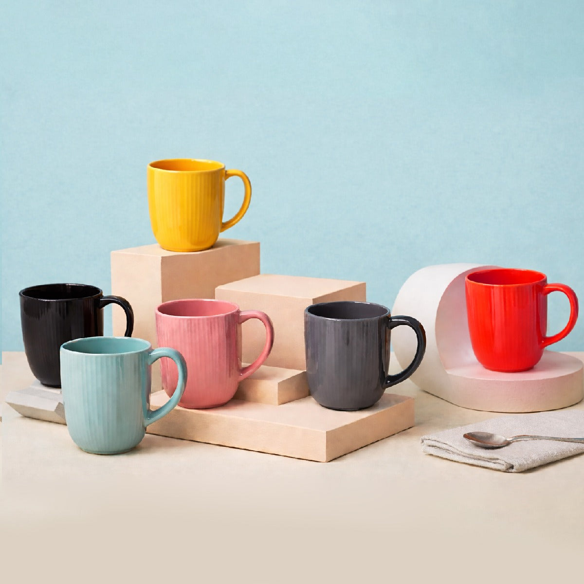 Pack of 6 Assorted Ceramic Ribbed Mug Set – Colorful Tea & Coffee Cups Collection - Habitt