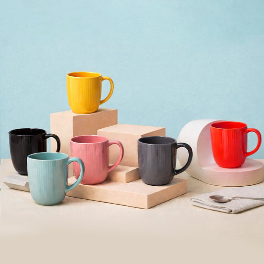 Pack of 6 Assorted Ceramic Ribbed Mug Set – Colorful Tea & Coffee Cups Collection - Habitt