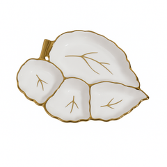 Elegant Four Portion Leaf – White Ceramic Sectioned Platter with Gold Detailing - Habitt