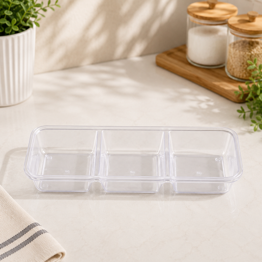 3 Partition Storage Box – Long Design with Lid | Clear Plastic Food Storage & Organizer Container