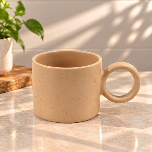 Beige Ceramic Mug with Round Handle – 450ml Minimalist Speckled Coffee & Tea Mug