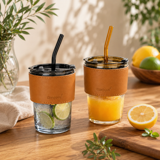 Assorted Small Masson Jar with Leather Cover & Straw – 350ml Premium Glass Tumbler
