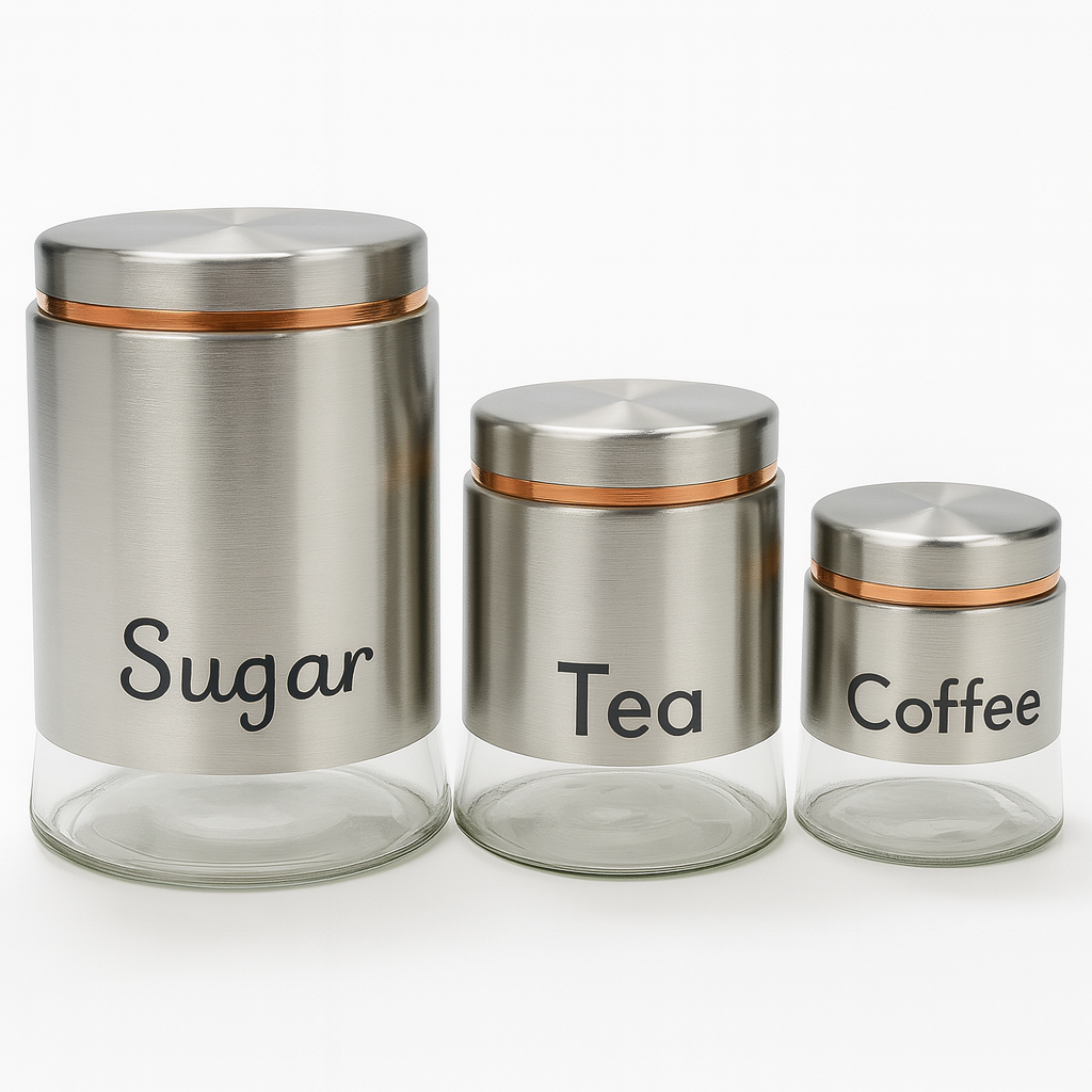 3-Piece Glass Jar Set with Golden Line – Tea, Coffee & Sugar Containers - Habitt