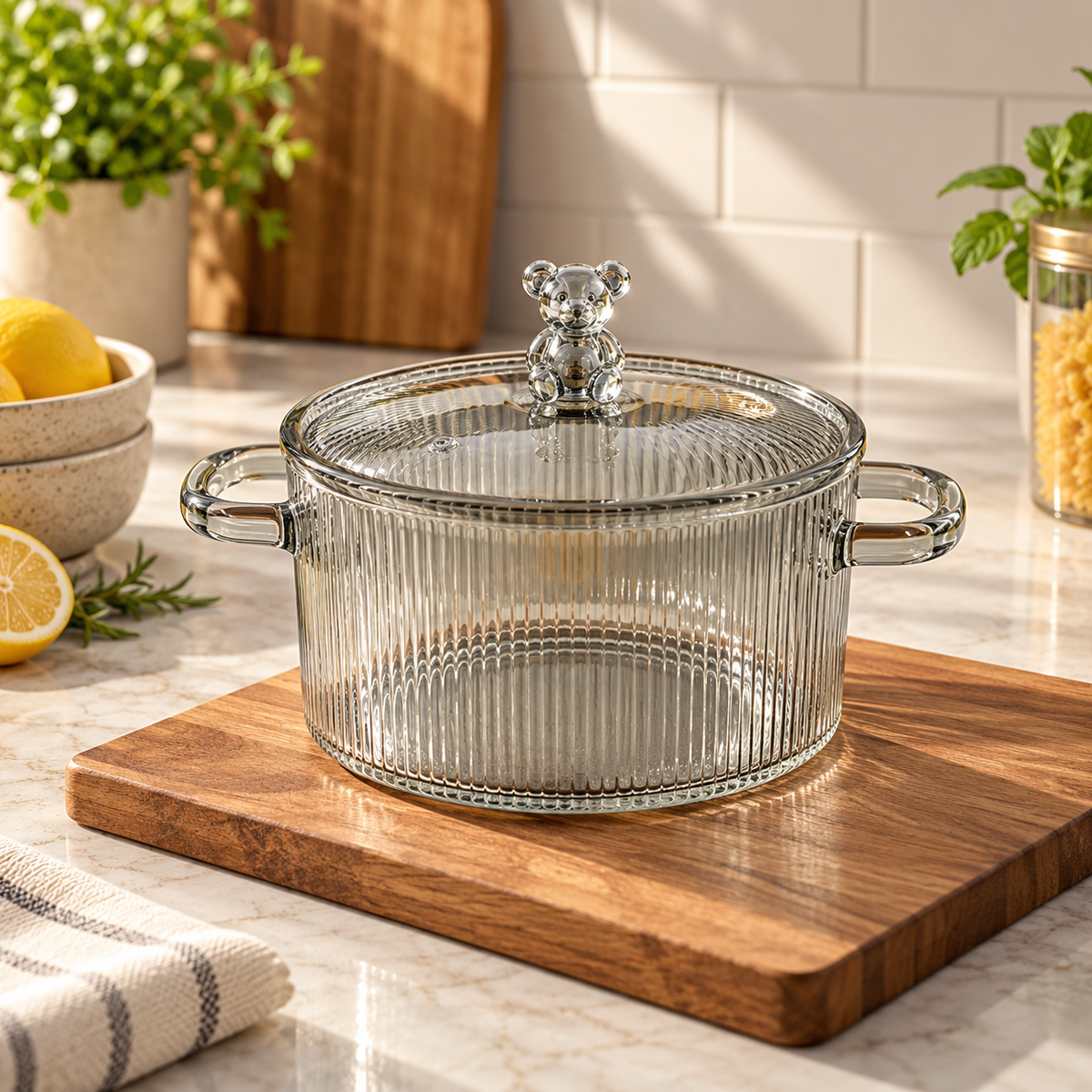 Ribbed Glass Cooking Pot with Lid & Side Handles