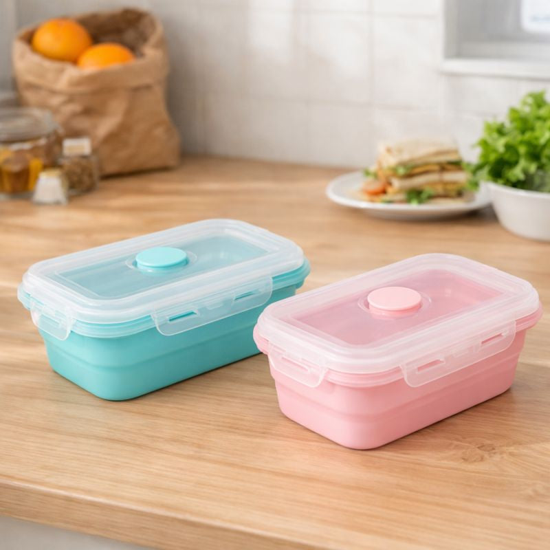 Silicone Foldable Food Container Square – Blue & Pink (Small & Large) | Space-Saving Lunch Box - Habitt