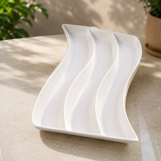 3-Section Wave Serving Tray | Elegant White Divided Snack Platter