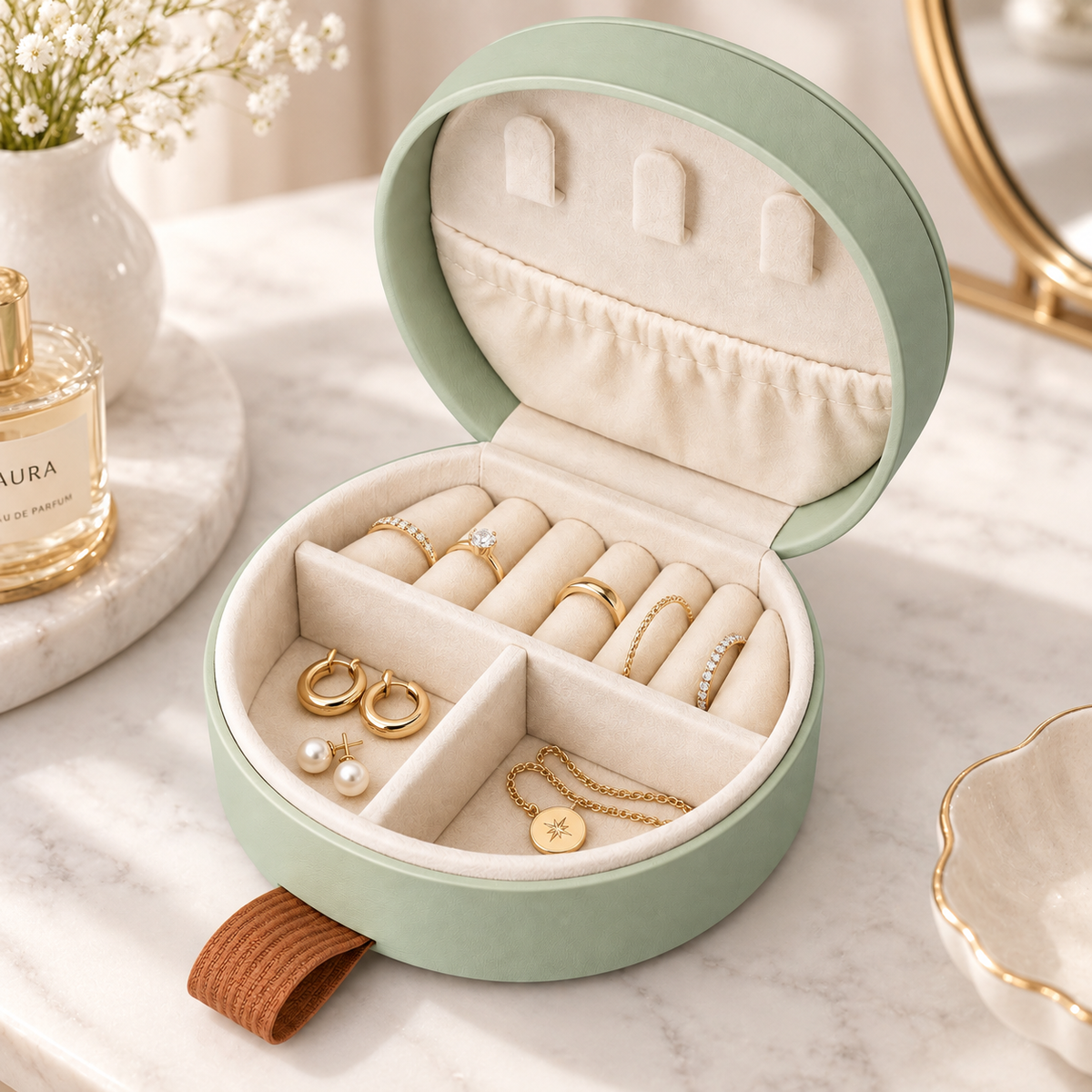 Portable Mini Jewelry Box – Light Green | Compact Travel Jewelry Organizer