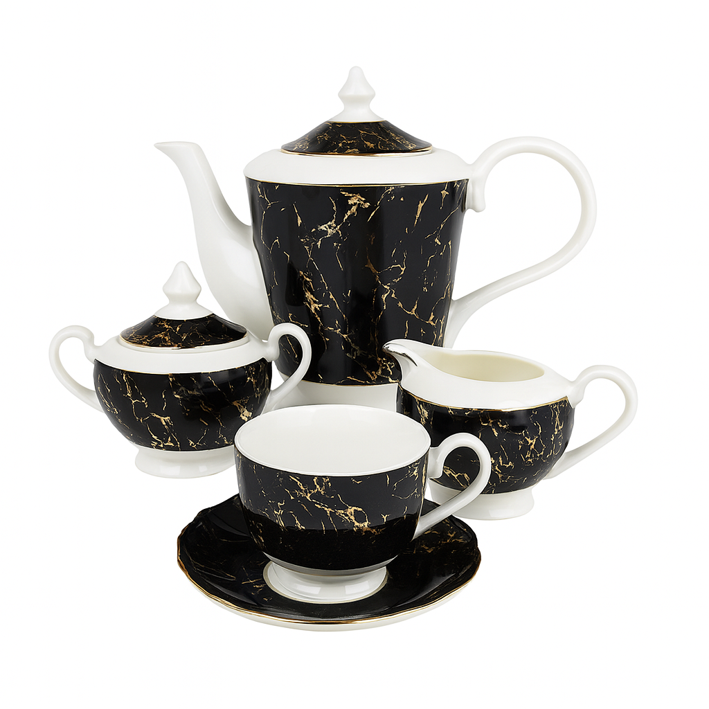 Luxury 15 Pcs Solecasa Coffee Set – Black Marble Porcelain Tea &amp; Coffee Service - Habitt