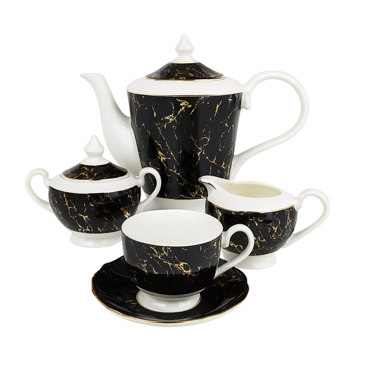 Luxury 15 Pcs Solecasa Coffee Set – Black Marble Porcelain Tea &amp; Coffee Service - Habitt