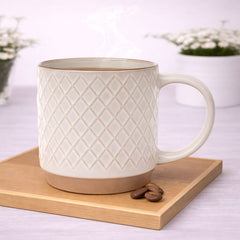 White Diamond-Textured Ceramic Mug 4 x 4 Inch | Elegant Coffee & Tea Mug with Natural Base - Habitt