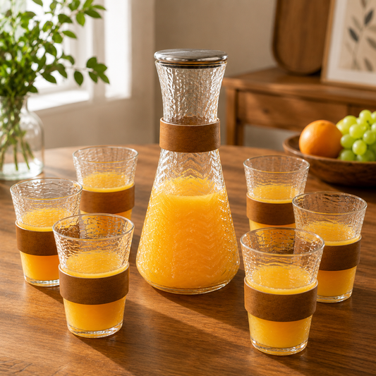 Luxury Glass Water Set 7-Piece – Brown &amp; Gold | Carafe with 6 Glasses and Metal Stand