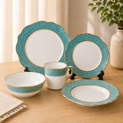Premium Porcelain Dinner Set – Elegant Embossed Design with Gold Rim