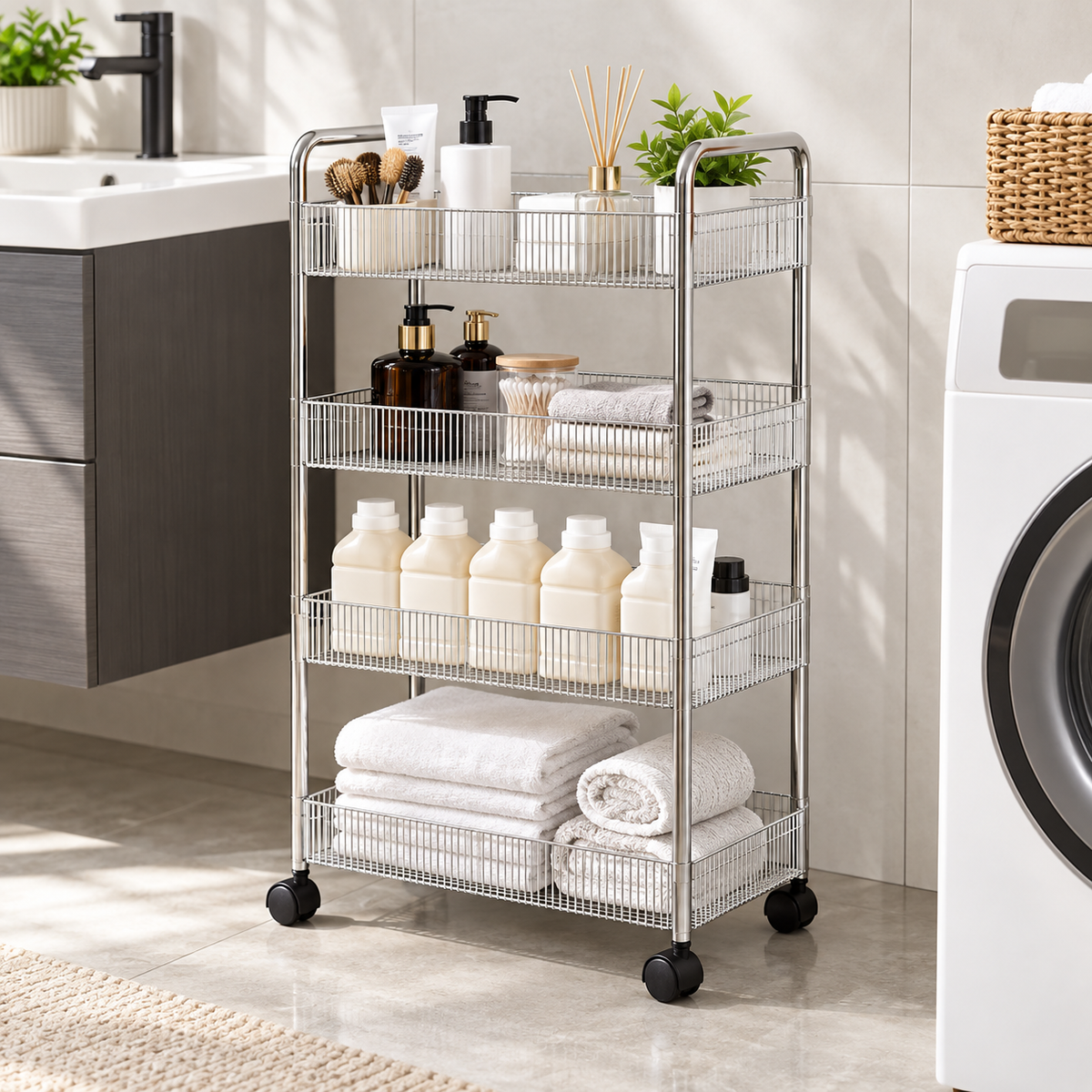 4 Layer Acrylic Trolley – Multi-Purpose Rolling Storage Organizer for Bathroom, Kitchen & Laundry