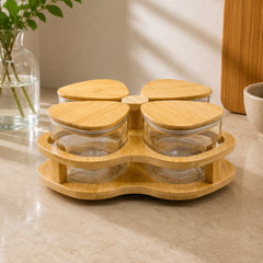 Transparent Jar Set with Wooden Stand | Kitchen Storage Organizer