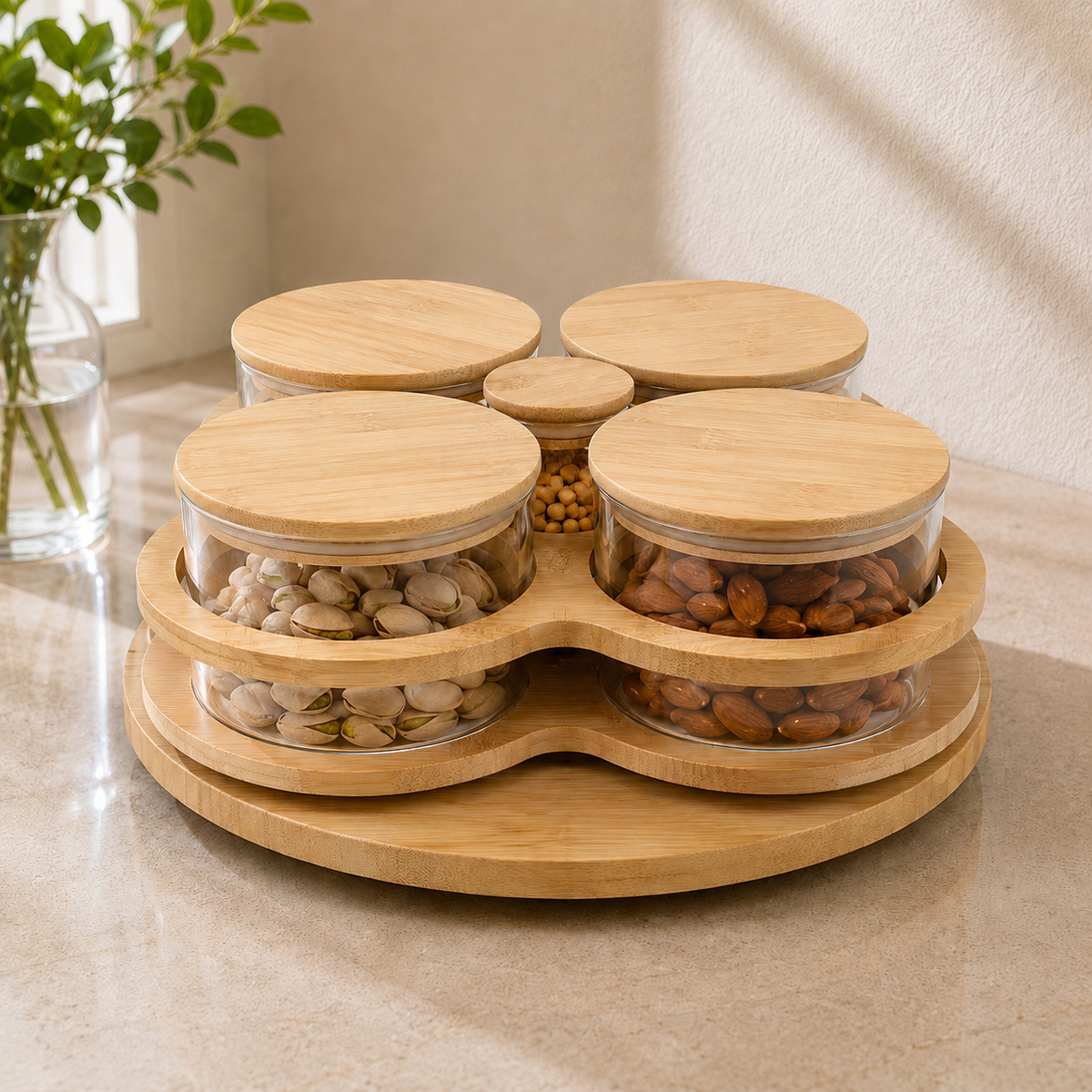 5 Piece Revolving Transparent Jar Set with Wooden Lids | Kitchen Storage Organizer