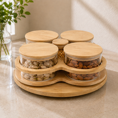 5 Piece Revolving Transparent Jar Set with Wooden Lids | Kitchen Storage Organizer