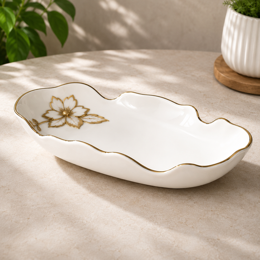 Elegant Floral Serving Dish with Gold Rim | Decorative Serving Platter