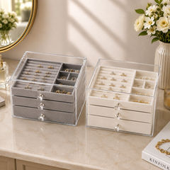 Assorted Multi-Tier Jewellery Box with Clear Compartments & Crystal Knobs