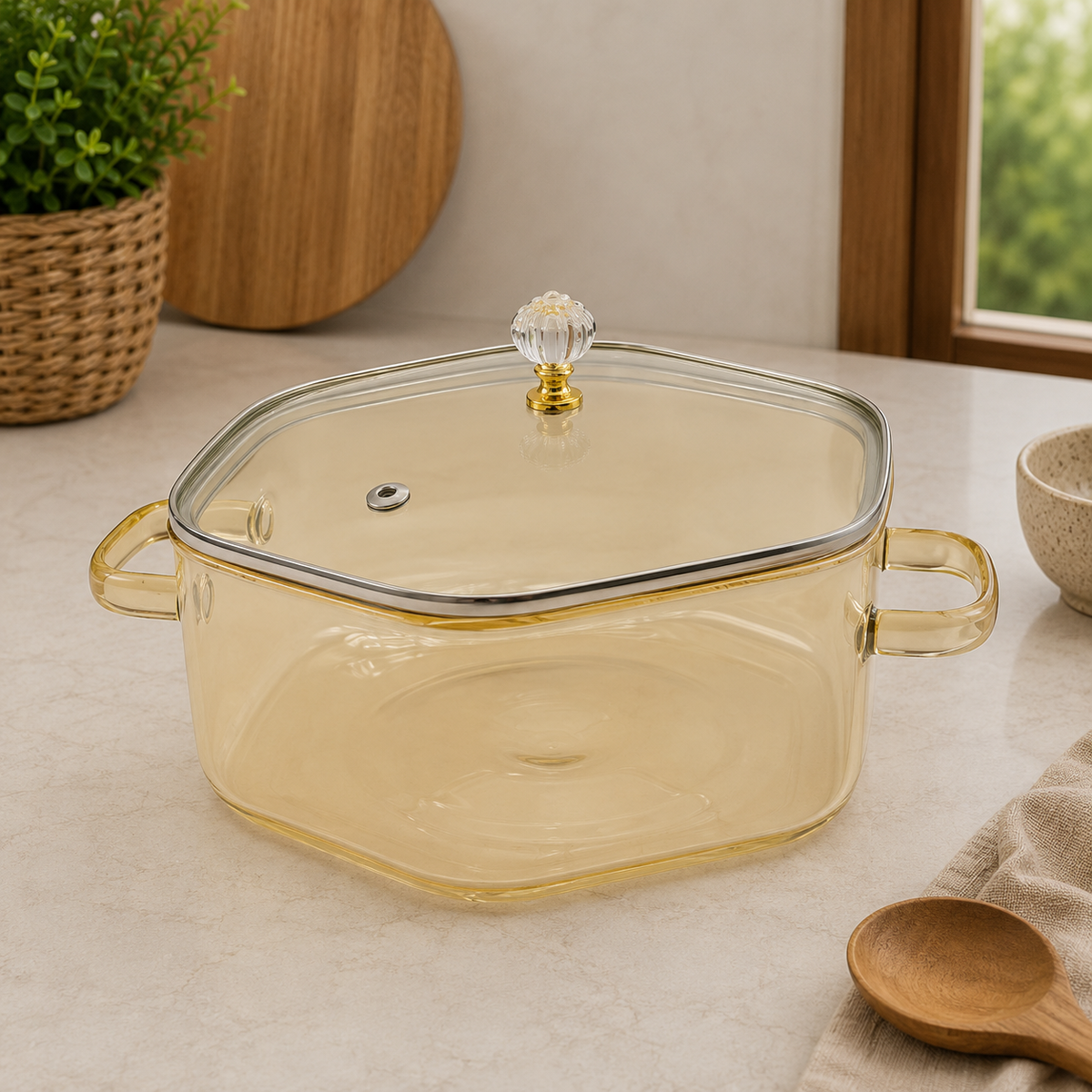 2500ML Hexagonal Glass Cooking Pot with Lid | Glass Cooking Pot