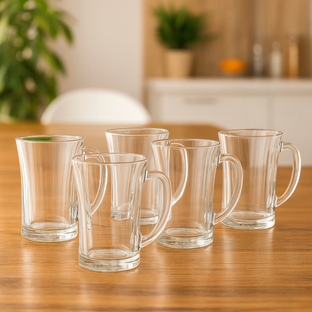 Clear Flared Glass Juice Mug 320 ml with Handle – Set of 6 | Elegant Everyday Drinkware for Home & Café - Habitt